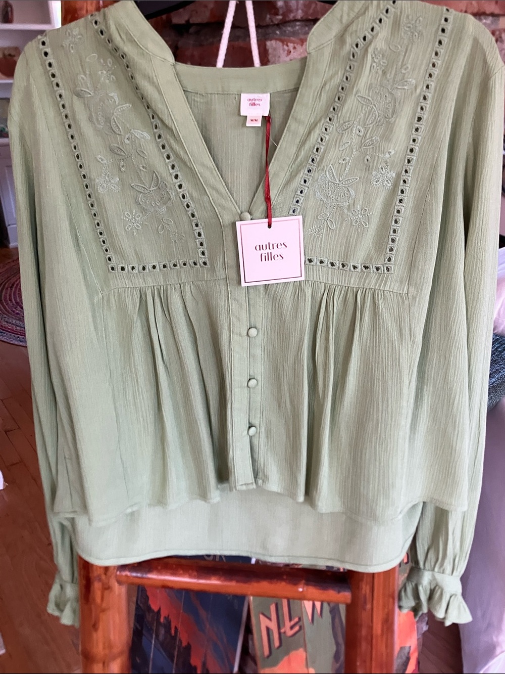 Autres Fillet Medium Sage Green Embroidered V-Neck Blouse